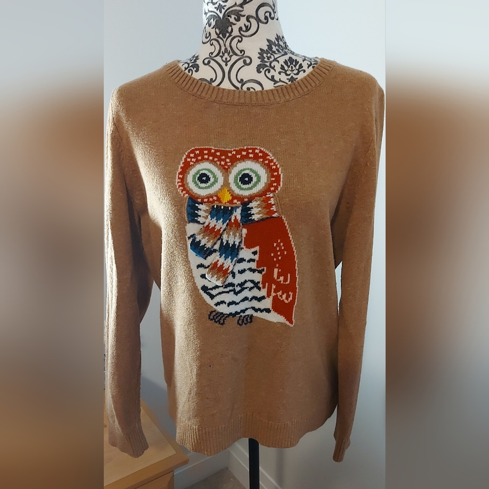 Talbots Tan Knit Sweater With Owl